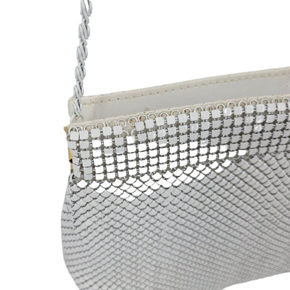 Vintage 80s White Metal Mesh Evening Bag Crossbody Chain Shoulder Bag Formal - Picture 6 of 12
